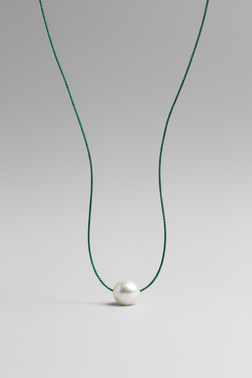 Jungle green colored silk thread necklace with single floating white pearl on grey background by xomango 