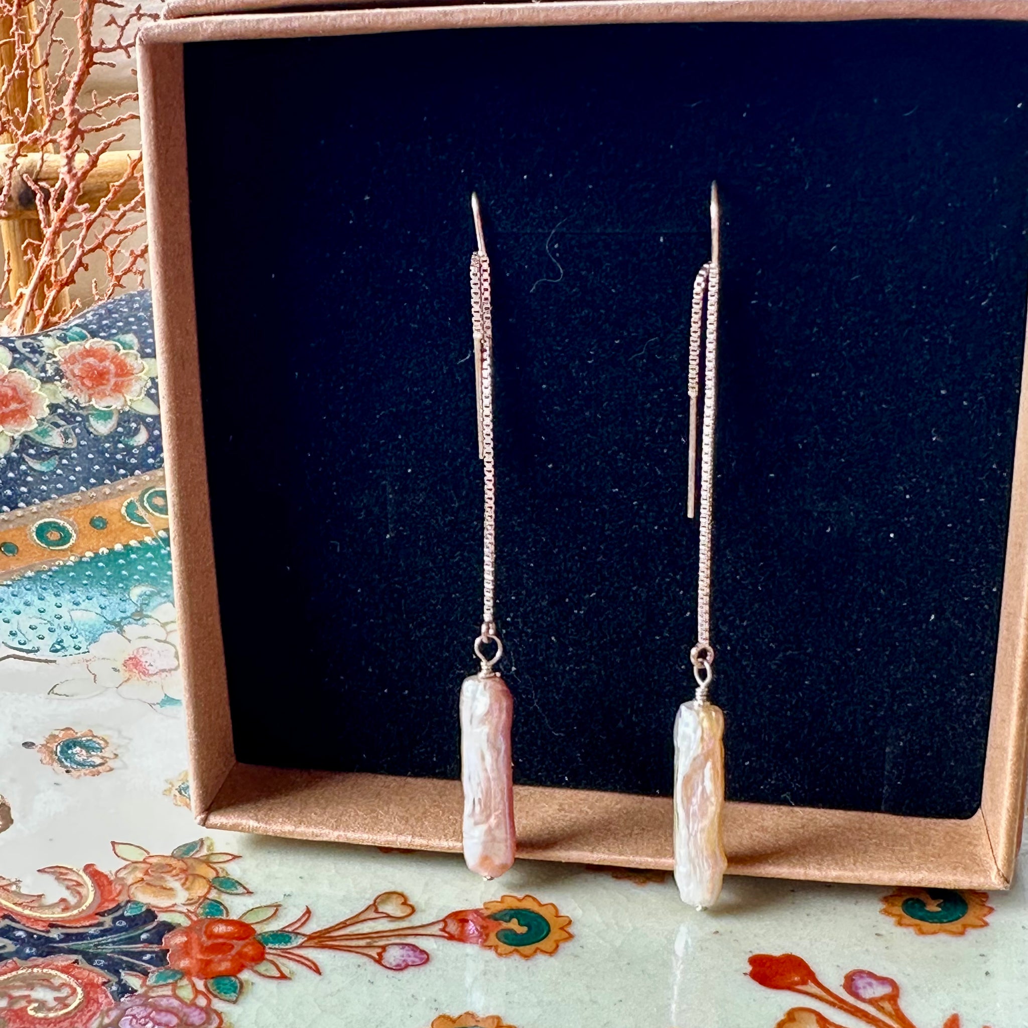 Silver pink pearl threader earrings ~ LAST CALL