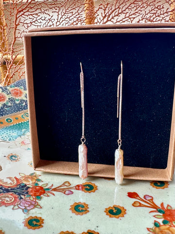 Silver pink pearl threader earrings ~ LAST CALL