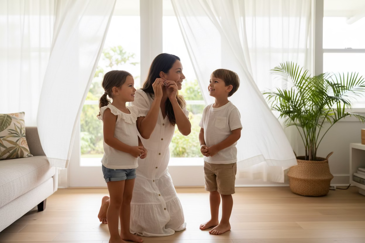 mom puts on her new xo mango heart hoop earrings while her two young kids are proud of the gift they gave her. 