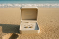 Gold hoop earrings with shell designs in a jewelry box on the beach in Hawaii