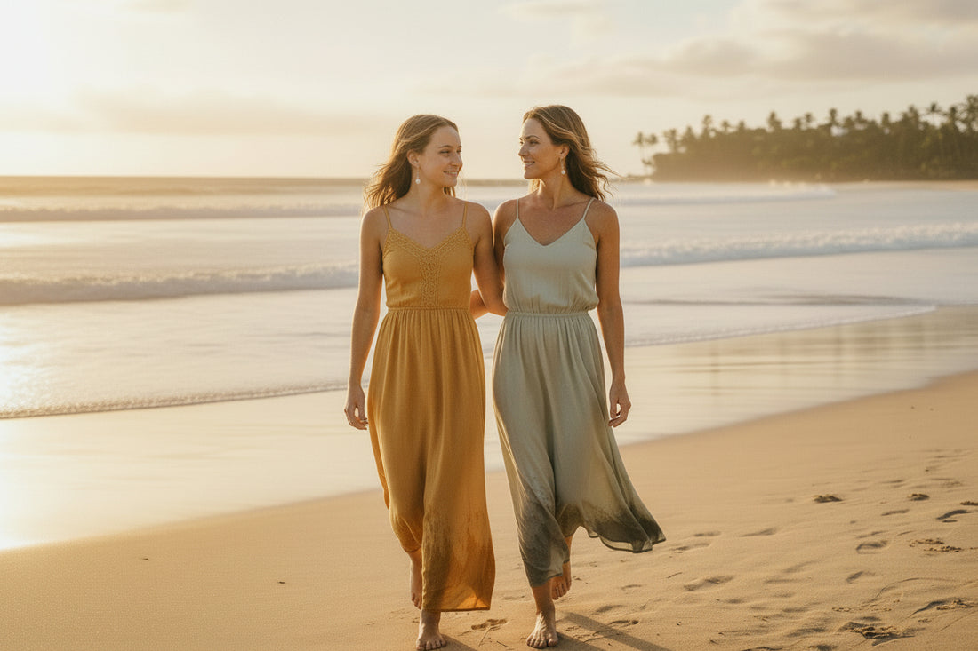 Pair of pearl drop earrings on a neutral background