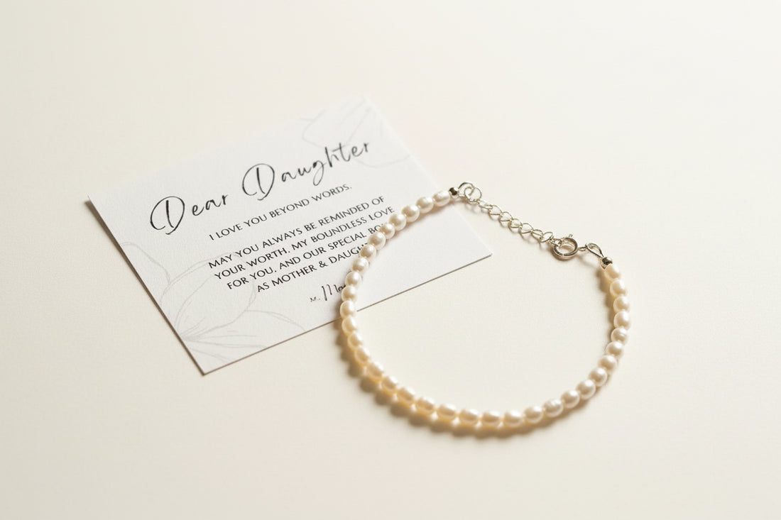 pearl bracelet given to daughter by mother. handmade by xo mango