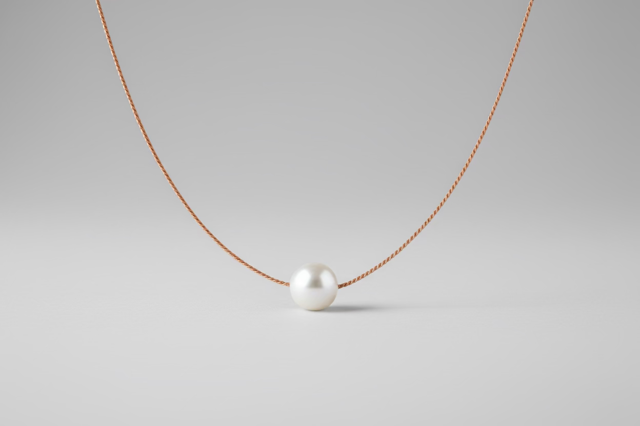 light brown colored silk thread necklace with single floating white pearl on grey background by xomango 