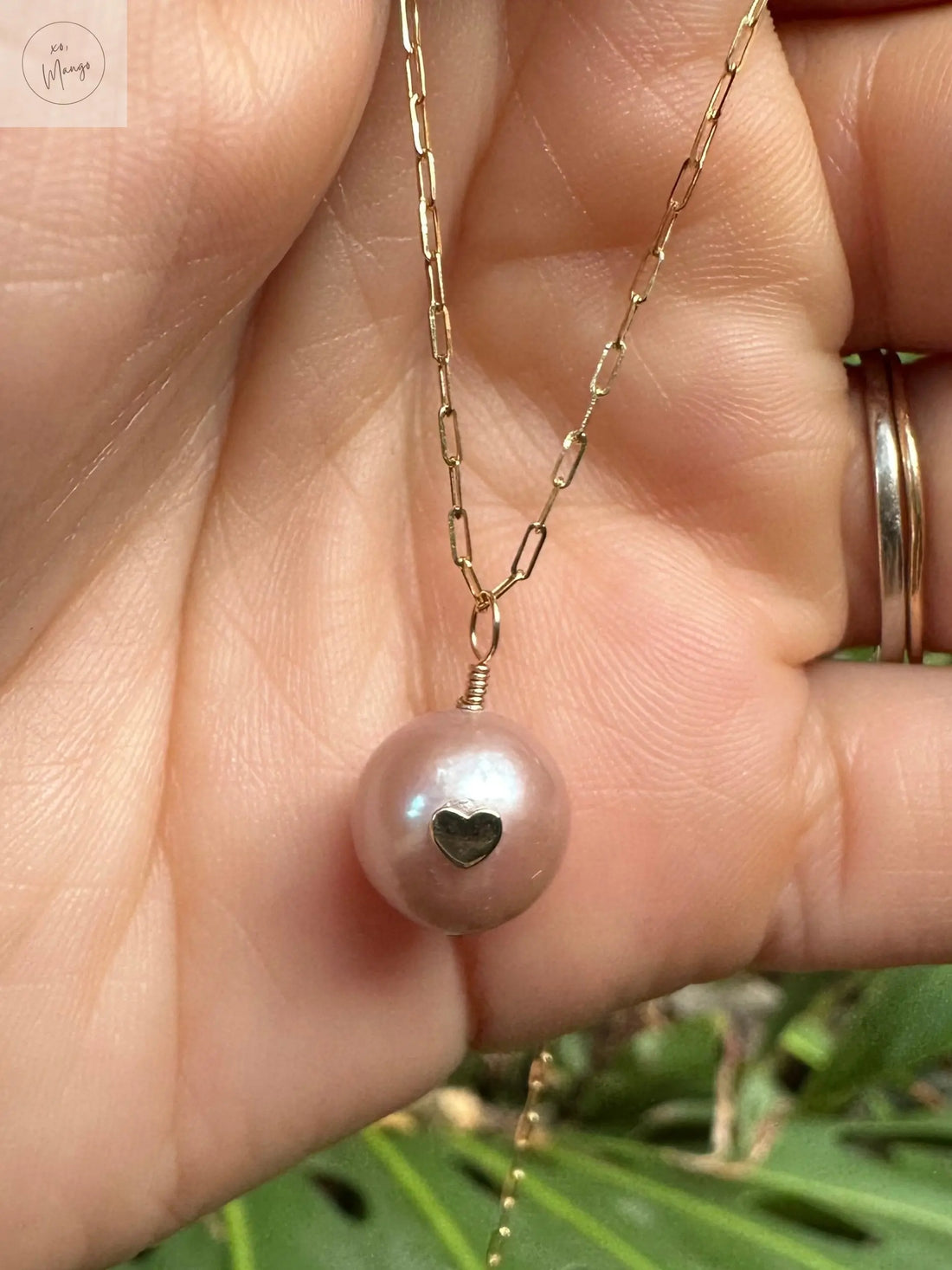 14K Solid Gold Heart inlay Pearl Necklace xo, Mango