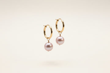 pink edison pearls on gold hoop earrings by xo mango